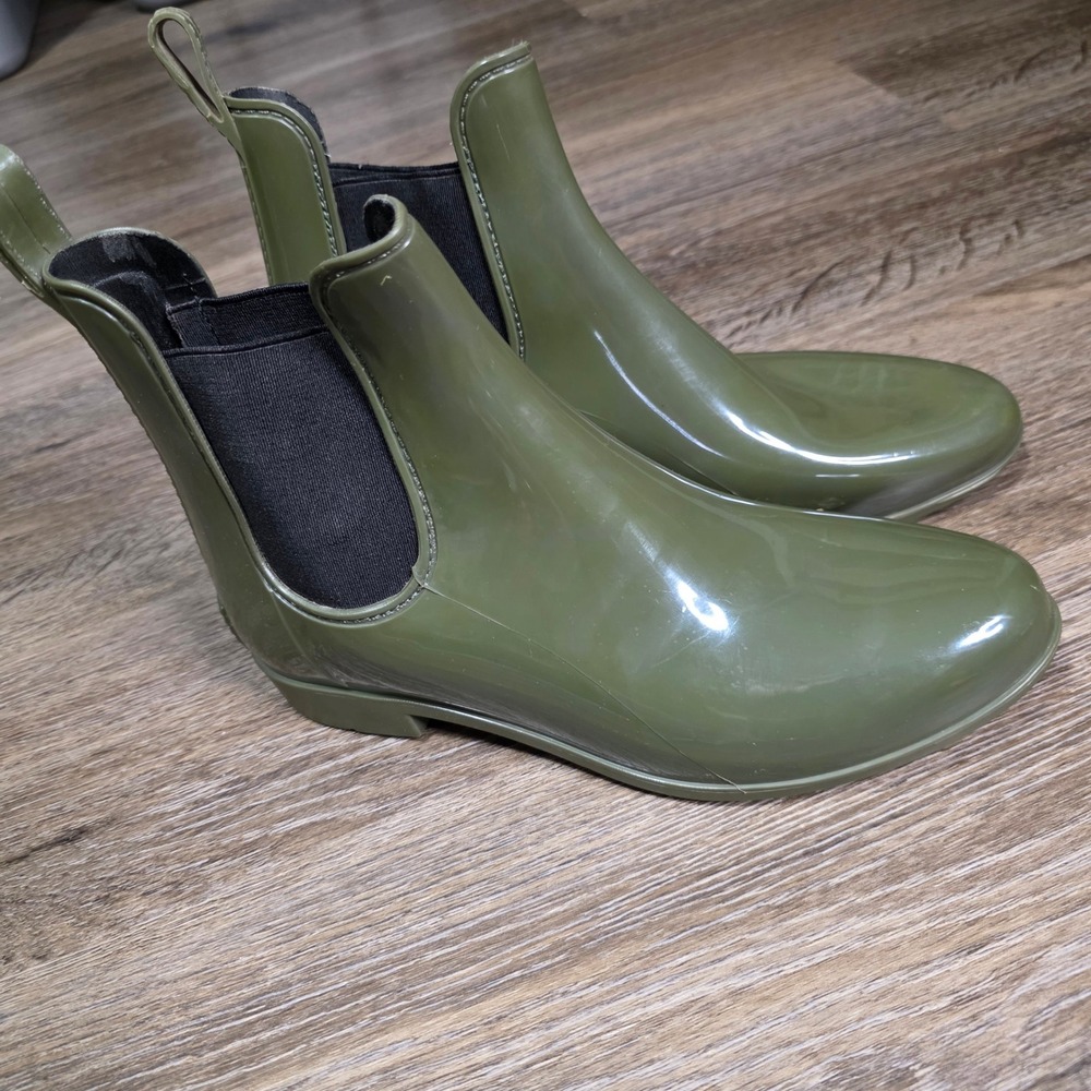 J.Crew Womens 9 Chelsea Rain Boots Olive Green Glossy Rubber Ankle Pull On